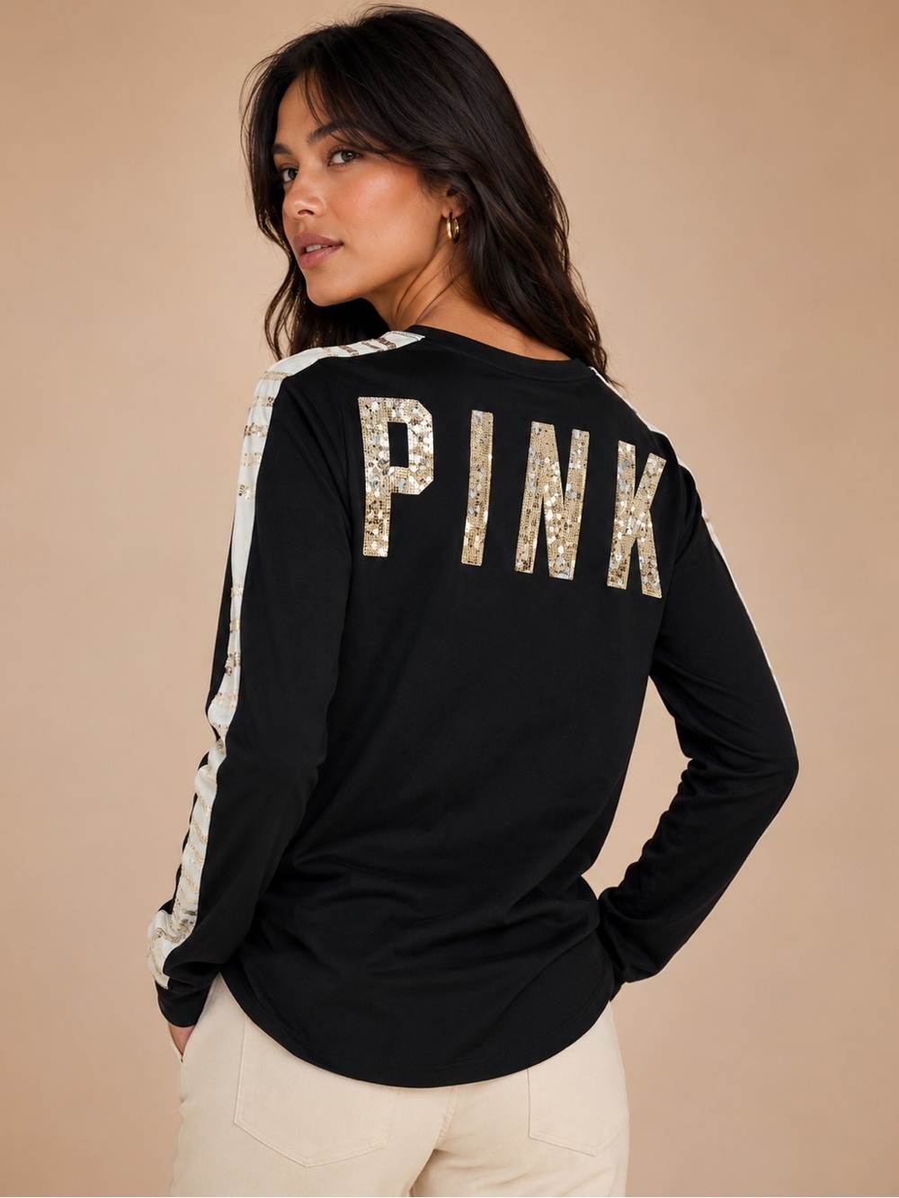 PINK Victoria's Secret Black Long-Sleeve Tee with Gold Sequin Logo Comfortable L